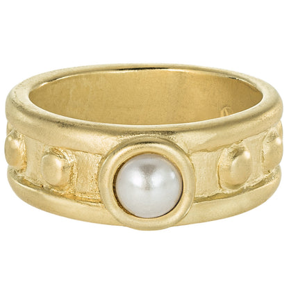 Vintage 1970s Glass Pearl Solitaire Ring - 18k Yellow Gold Electroplated Brushed Band Made in USA jewelry image 1