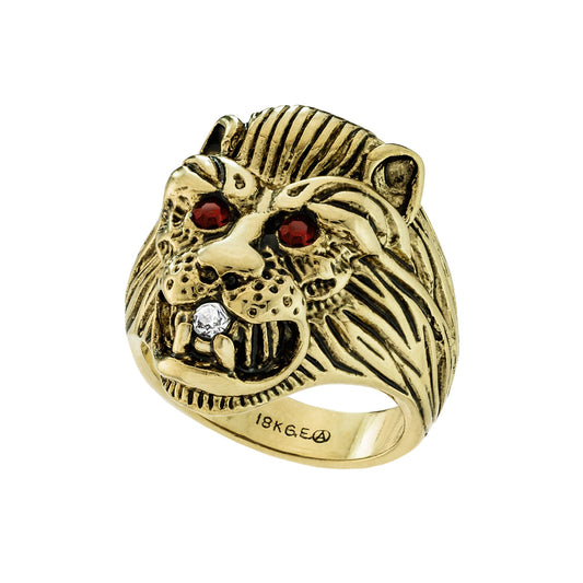 Vintage 18K HGE Gold Lion Head Ring with Ruby Red Eyes - Made in USA jewelry image 1