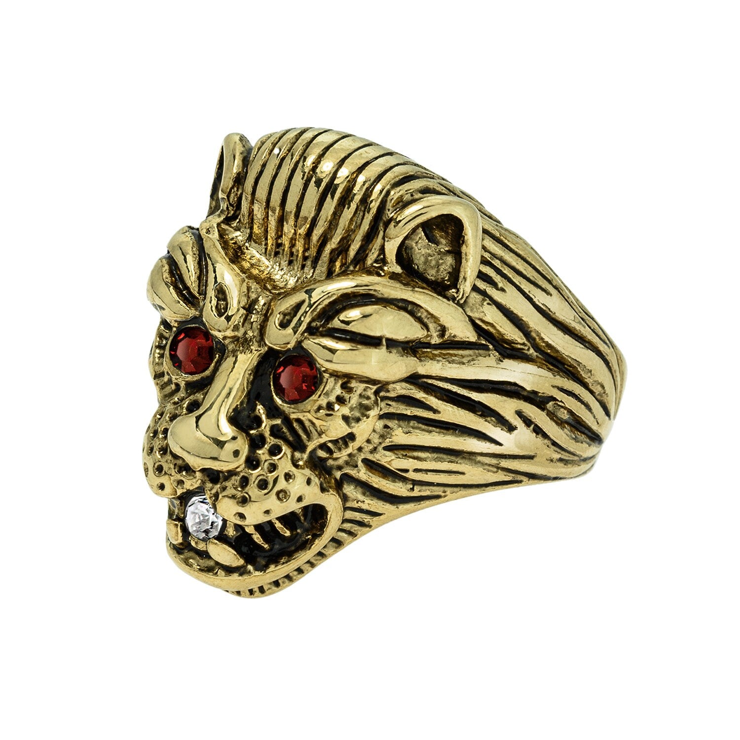 Vintage 18K HGE Gold Lion Head Ring with Ruby Red Eyes - Made in USA jewelry image 1