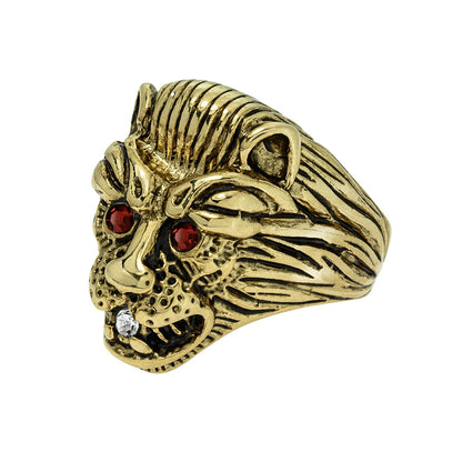 Vintage 18K HGE Gold Lion Head Ring with Ruby Red Eyes - Made in USA jewelry image 1