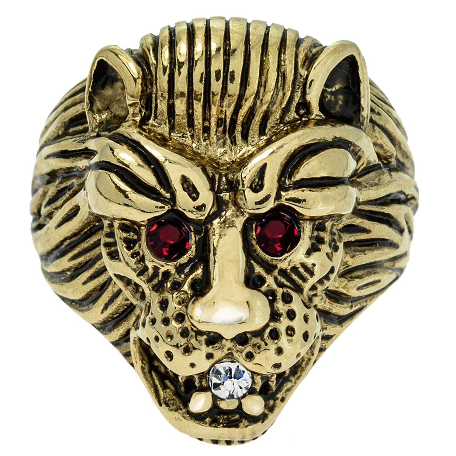 Vintage 18K HGE Gold Lion Head Ring with Ruby Red Eyes - Made in USA jewelry image 1