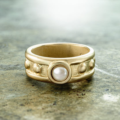 Vintage 1970s Glass Pearl Solitaire Ring - 18k Yellow Gold Electroplated Brushed Band Made in USA jewelry image 1