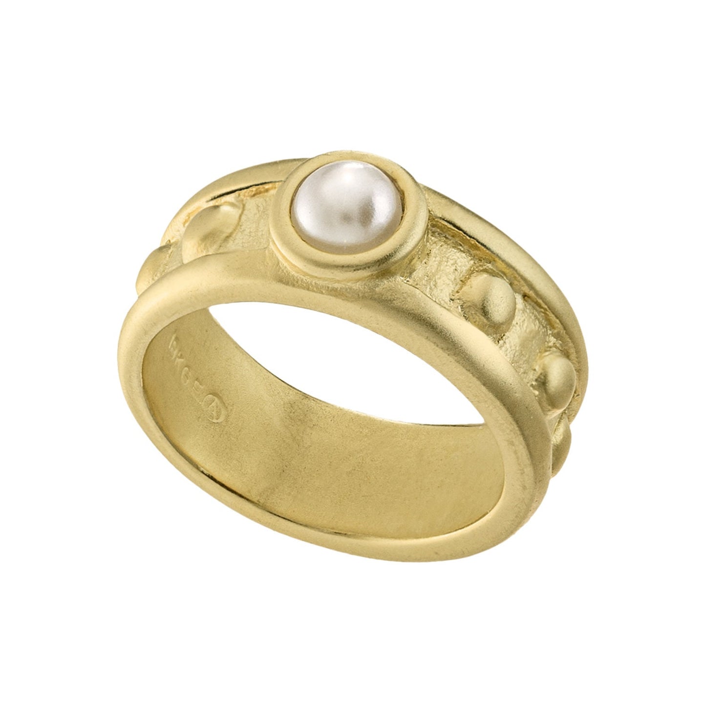 Vintage 1970s Glass Pearl Solitaire Ring - 18k Yellow Gold Electroplated Brushed Band Made in USA jewelry image 1