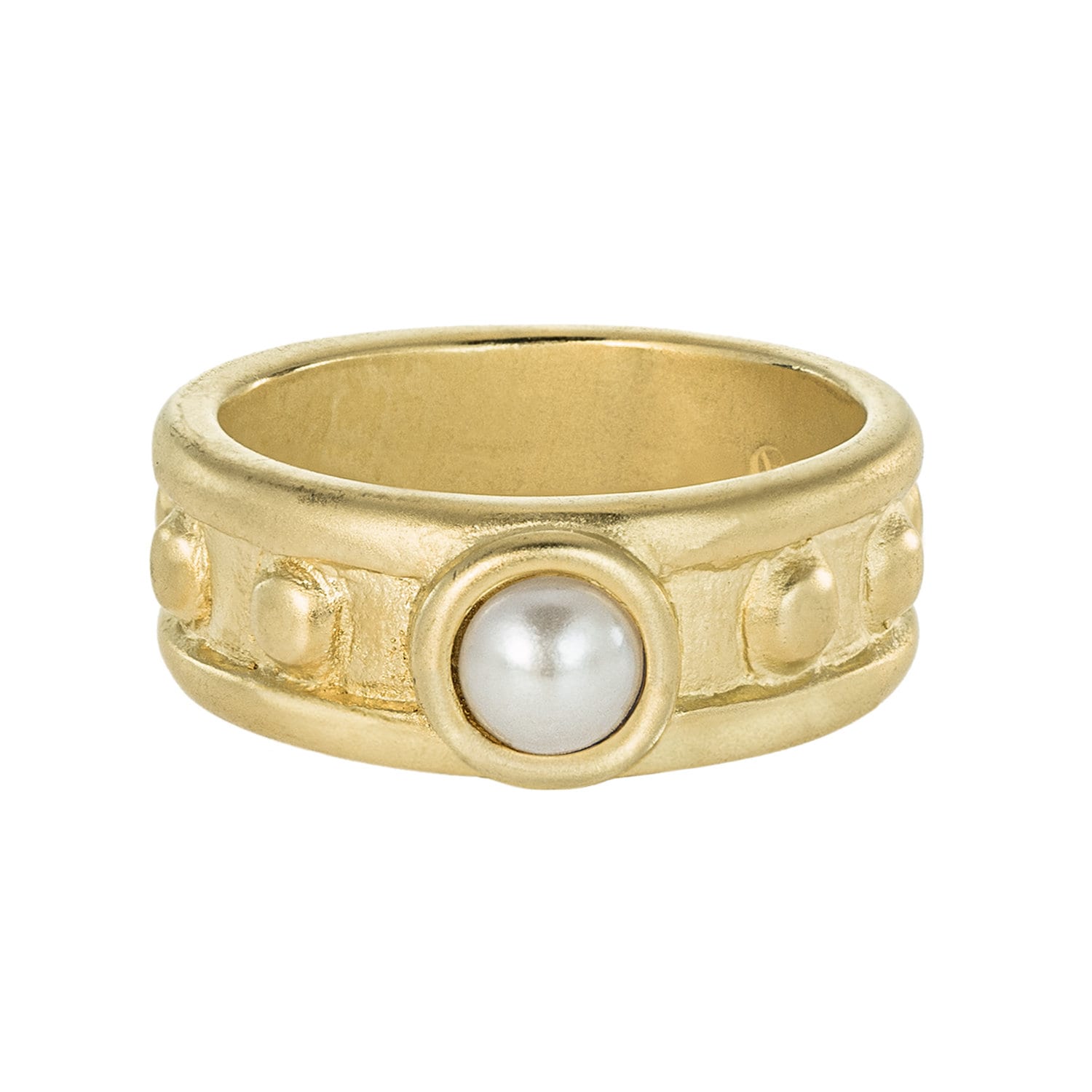 Vintage 1970s Glass Pearl Solitaire Ring - 18k Yellow Gold Electroplated Brushed Band Made in USA jewelry image 1