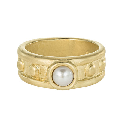 Vintage 1970s Glass Pearl Solitaire Ring - 18k Yellow Gold Electroplated Brushed Band Made in USA jewelry image 1
