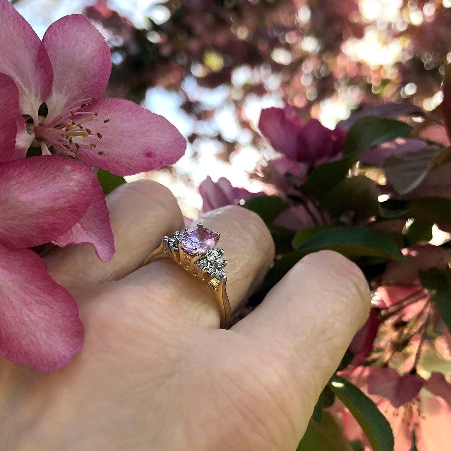Vintage 1980s Lavender Cubic Zirconia Ring with Clear Austrian Crystals – 18kt Yellow Gold Electroplated jewelry image 1