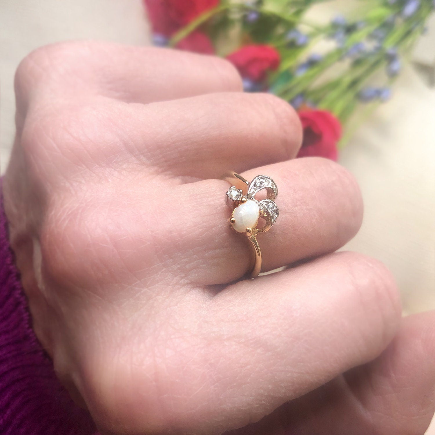 Vintage Genuine Opal and Clear Austrian Crystal Ring - 18k Yellow Gold Electroplated - Made in USA jewelry image 1