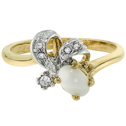 Vintage Genuine Opal and Clear Austrian Crystal Ring - 18k Yellow Gold Electroplated - Made in USA jewelry image 1