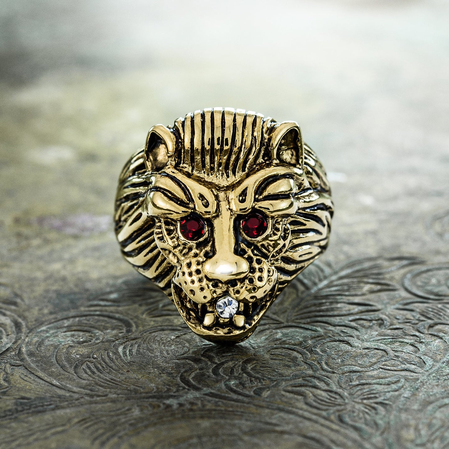 Vintage 18K HGE Gold Lion Head Ring with Ruby Red Eyes - Made in USA jewelry image 1