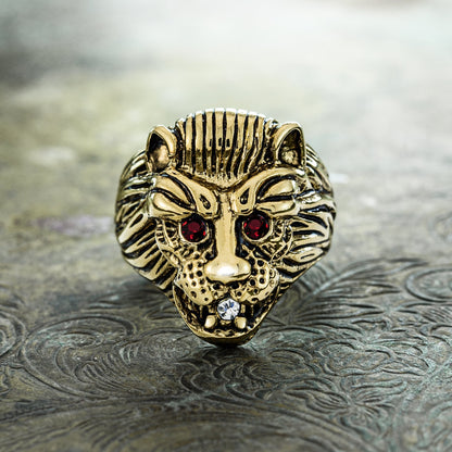 Vintage 18K HGE Gold Lion Head Ring with Ruby Red Eyes - Made in USA jewelry image 1