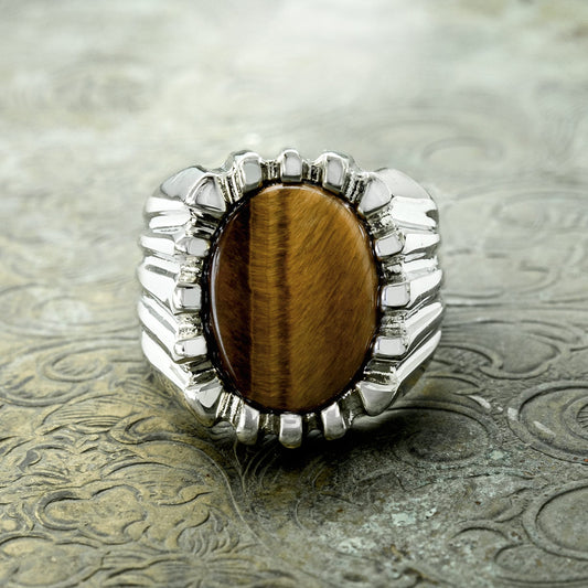 Diego Vintage 1980s 18kt White Gold Plated Tiger Eye Ring - Size 10 jewelry image 1