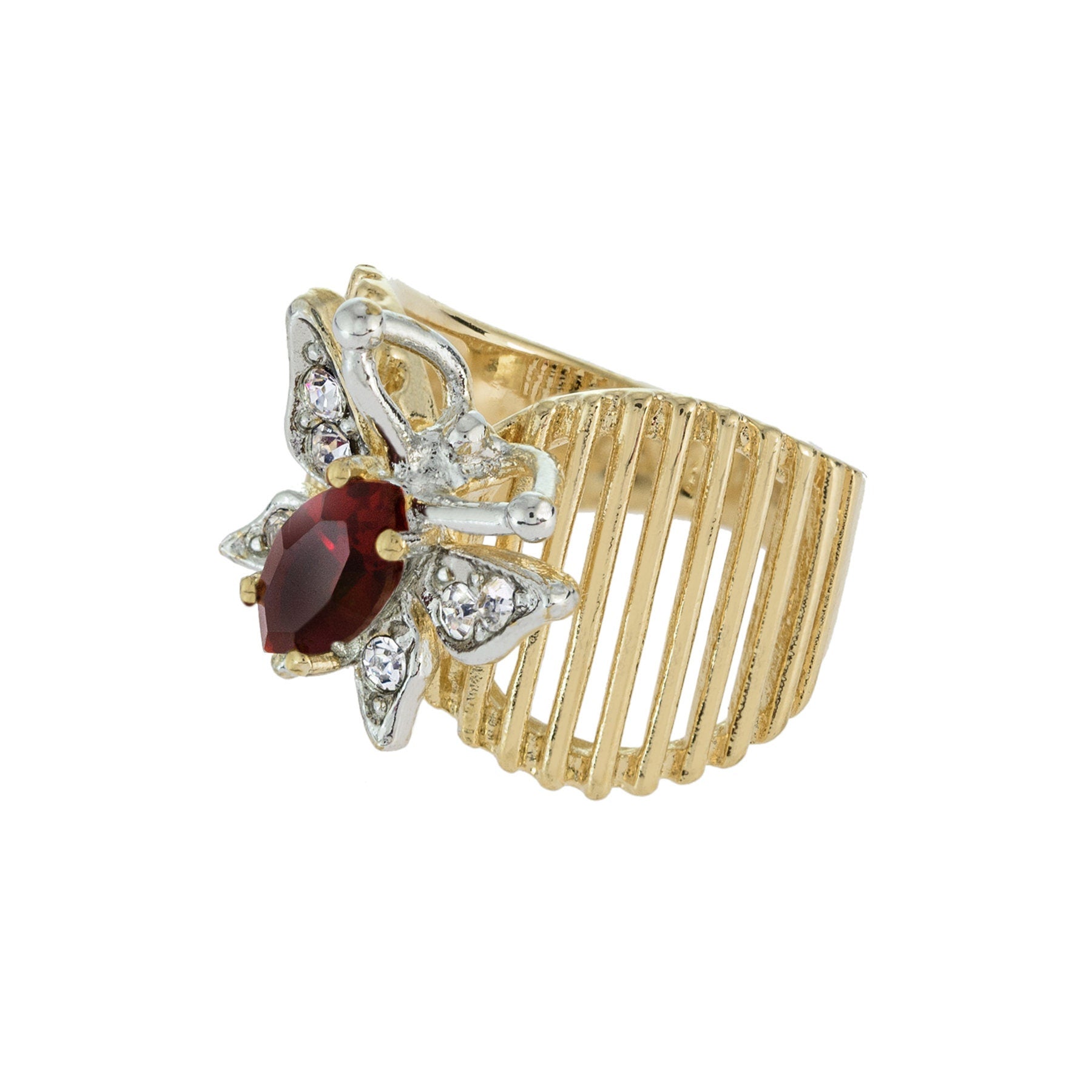 Vintage 1980s Butterfly Ring with Garnet and Clear Austrian Crystals – 18kt Yellow Gold Electroplated jewelry image 1