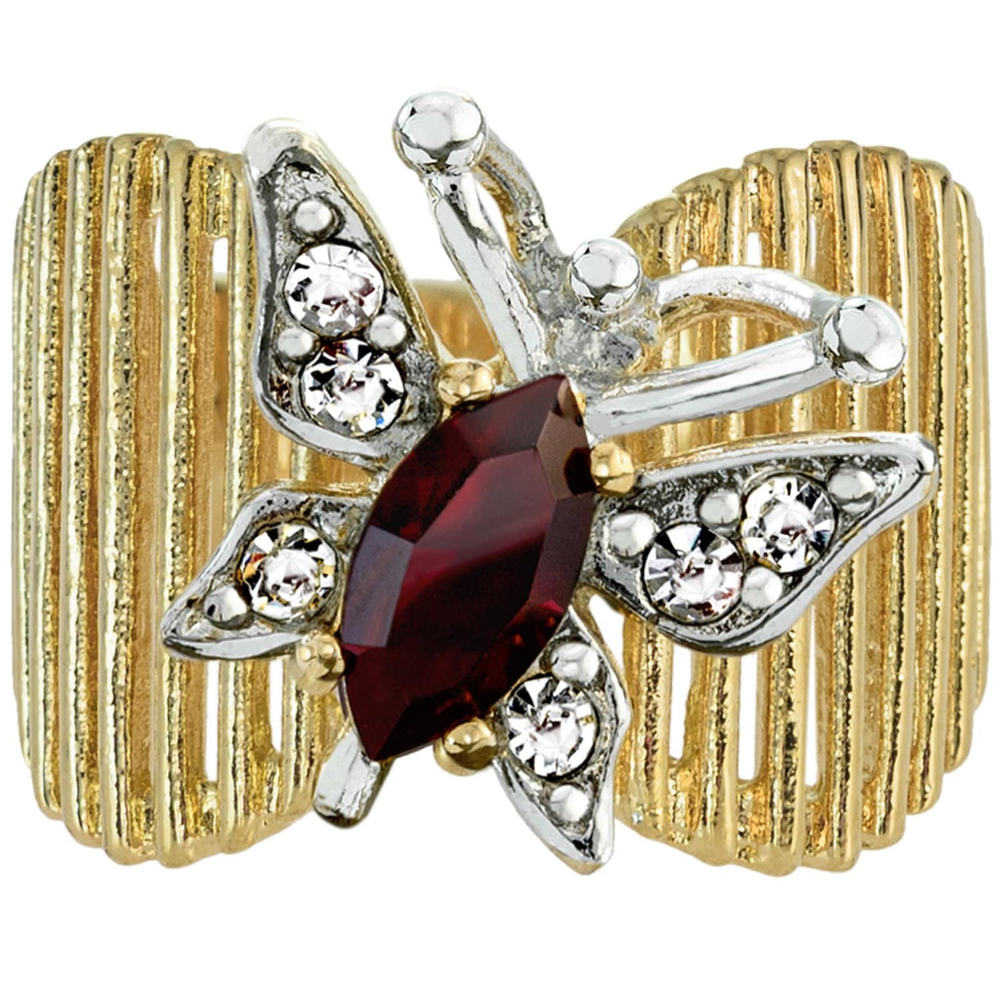 Vintage 1980s Butterfly Ring with Garnet and Clear Austrian Crystals – 18kt Yellow Gold Electroplated jewelry image 1
