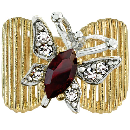 Vintage 1980s Butterfly Ring with Garnet and Clear Austrian Crystals – 18kt Yellow Gold Electroplated jewelry image 1