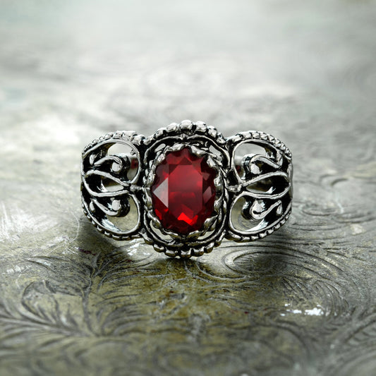 Vintage Ruby Austrian Crystal Filigree Ring - Antiqued 18k White Gold Electroplated - Made in USA jewelry image 1