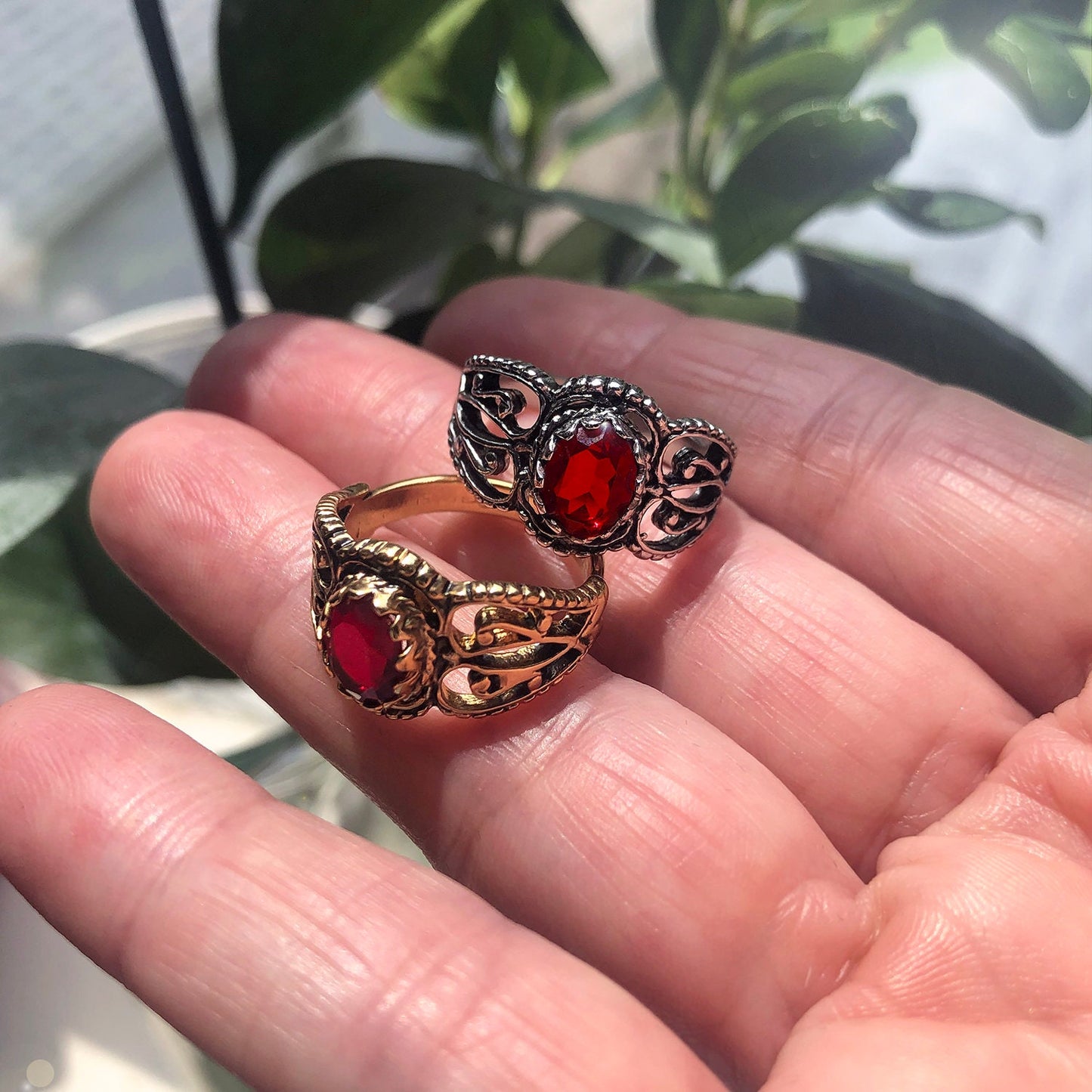 Vintage Ruby Austrian Crystal Filigree Ring - Antiqued 18k White Gold Electroplated - Made in USA jewelry image 1