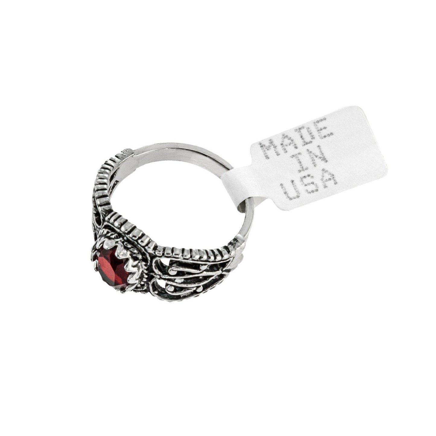 Vintage Ruby Austrian Crystal Filigree Ring - Antiqued 18k White Gold Electroplated - Made in USA jewelry image 1