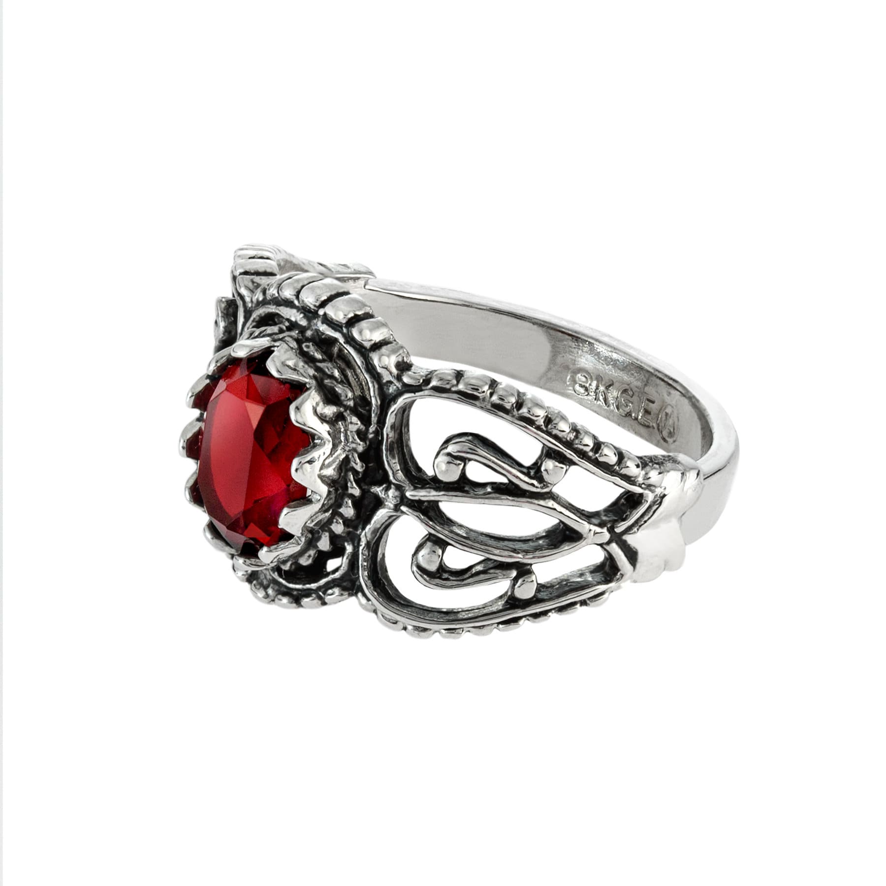 Vintage Ruby Austrian Crystal Filigree Ring - Antiqued 18k White Gold Electroplated - Made in USA jewelry image 1