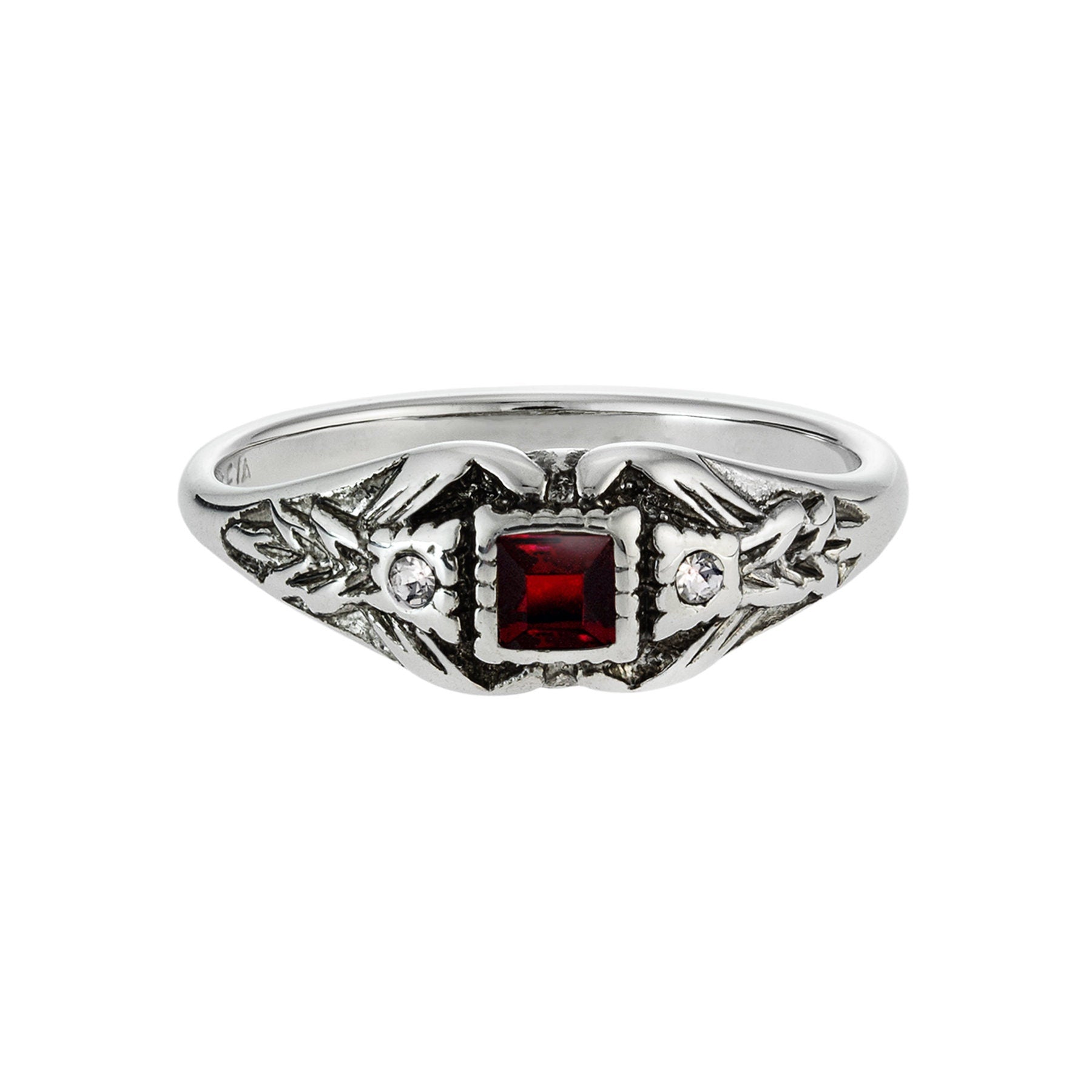 Vintage 1980s Ruby and Clear Austrian Crystal Ring – 18k Antique White Gold Electroplated – Made in USA jewelry image 1