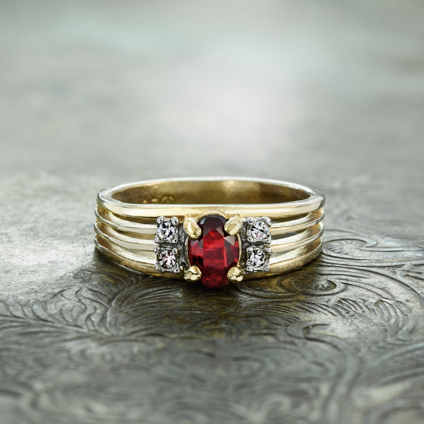 Vintage 1980s Ruby and Clear Austrian Crystal 18k Gold Electroplated Band Ring - Made in USA jewelry image 1