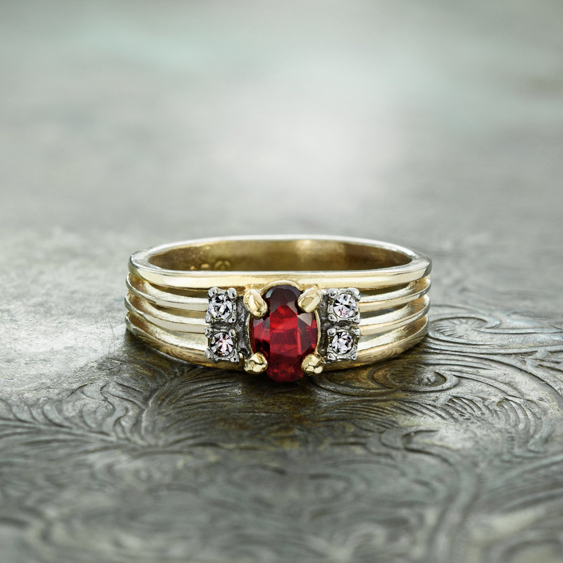 Vintage 1980s Ruby and Clear Austrian Crystal 18k Gold Electroplated Band Ring - Made in USA jewelry image 1