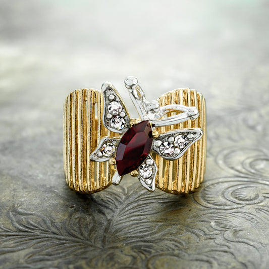 Vintage 1980s Butterfly Ring with Garnet and Clear Austrian Crystals – 18kt Yellow Gold Electroplated jewelry image 1