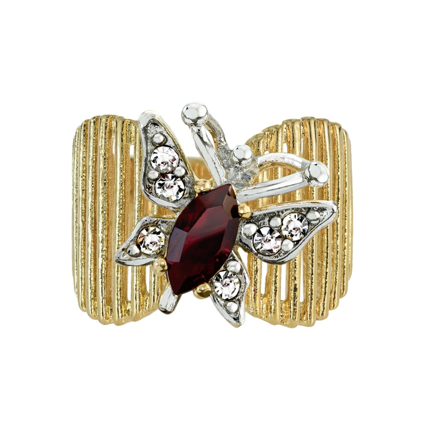 Vintage 1980s Butterfly Ring with Garnet and Clear Austrian Crystals – 18kt Yellow Gold Electroplated jewelry image 1