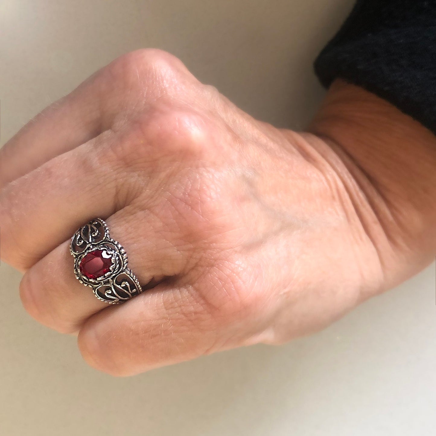 Vintage Ruby Austrian Crystal Filigree Ring - Antiqued 18k White Gold Electroplated - Made in USA jewelry image 1