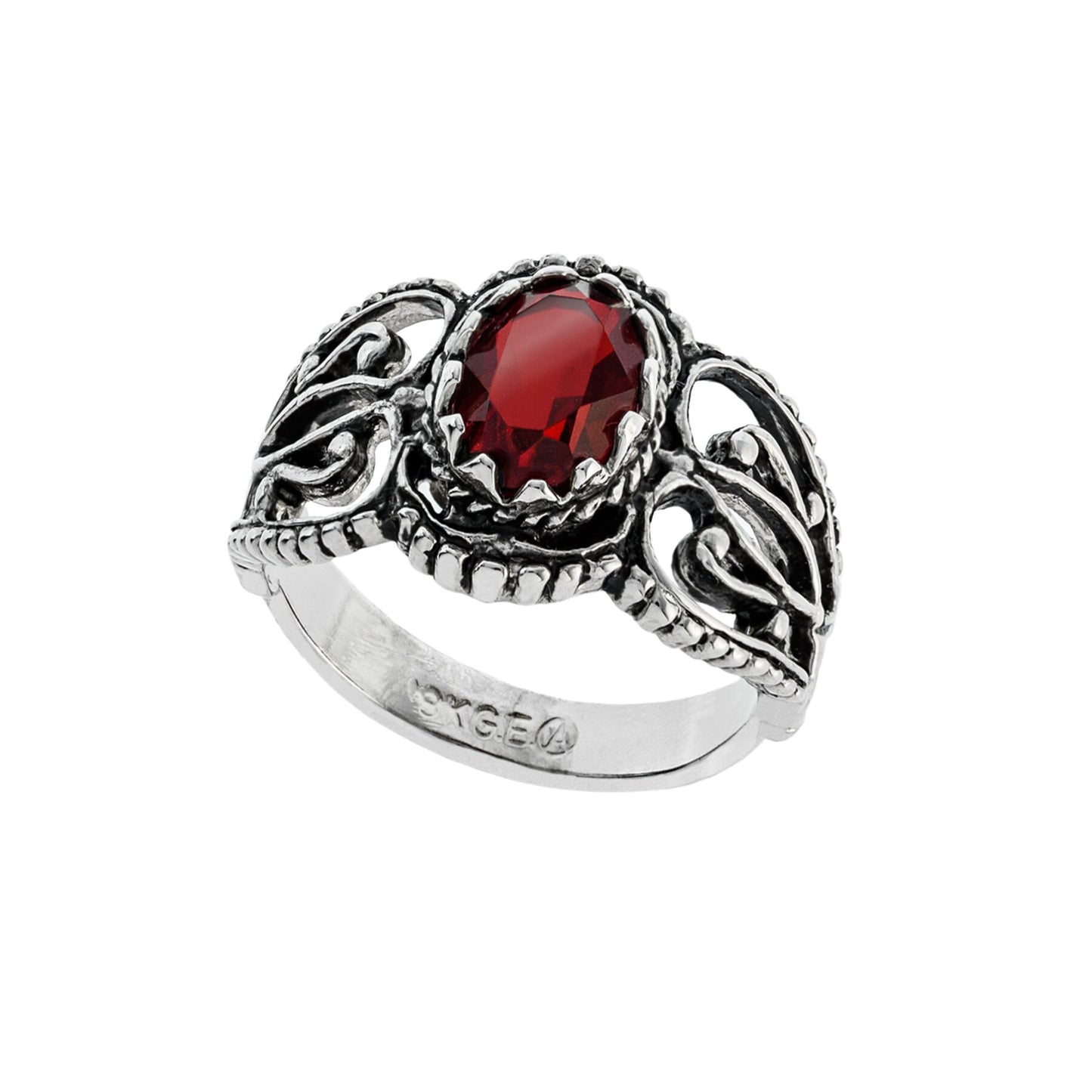 Vintage Ruby Austrian Crystal Filigree Ring - Antiqued 18k White Gold Electroplated - Made in USA jewelry image 1