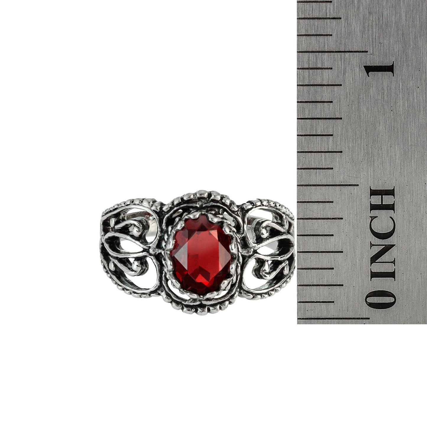 Vintage Ruby Austrian Crystal Filigree Ring - Antiqued 18k White Gold Electroplated - Made in USA jewelry image 1