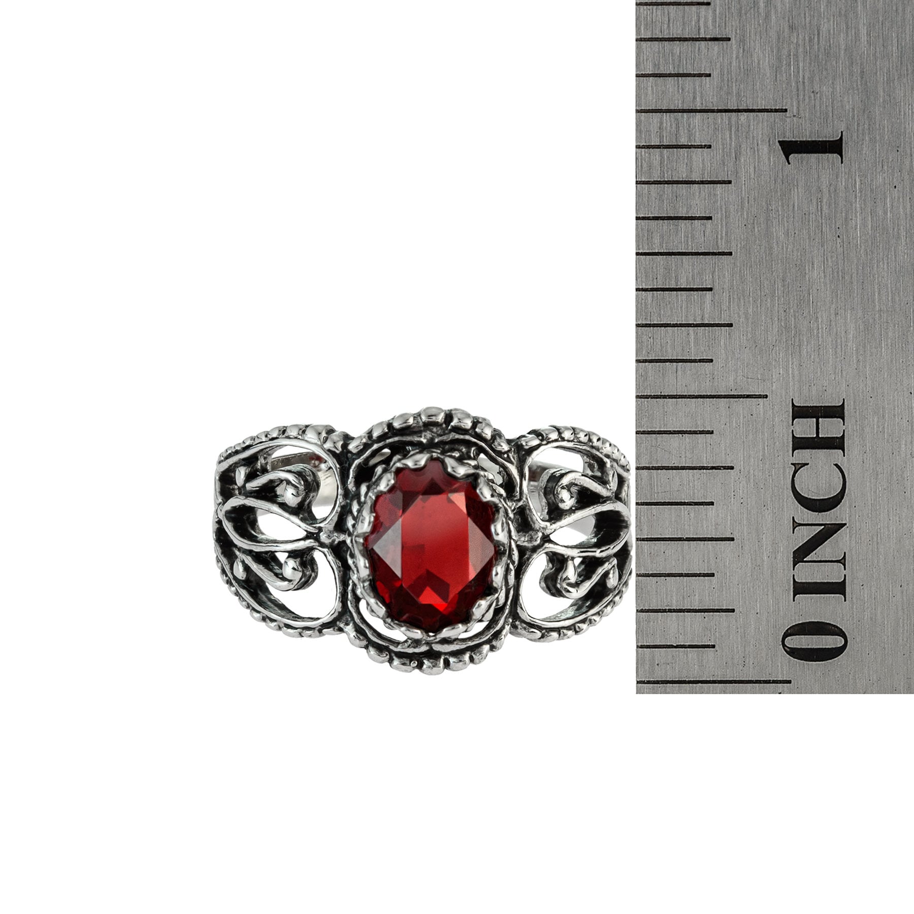 Vintage Ruby Austrian Crystal Filigree Ring - Antiqued 18k White Gold Electroplated - Made in USA jewelry image 1