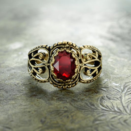 Vintage Ruby Austrian Crystal Filigree Ring - Antiqued 18k Yellow Gold Electroplated - Made in USA jewelry image 1