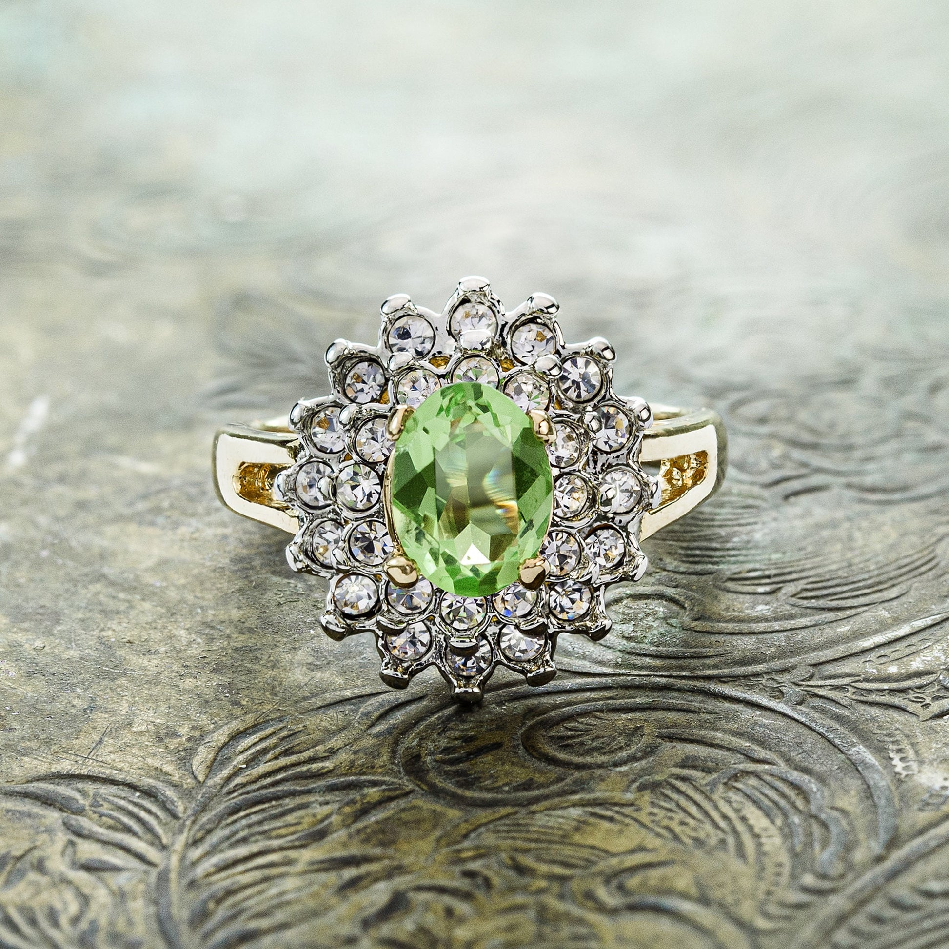 Vintage Peridot and Clear Austrian Crystal Cocktail Ring - 18k Gold Electroplated Two-Tone jewelry image 1