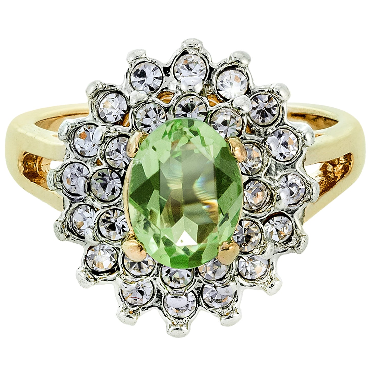 Vintage Peridot and Clear Austrian Crystal Cocktail Ring - 18k Gold Electroplated Two-Tone jewelry image 1