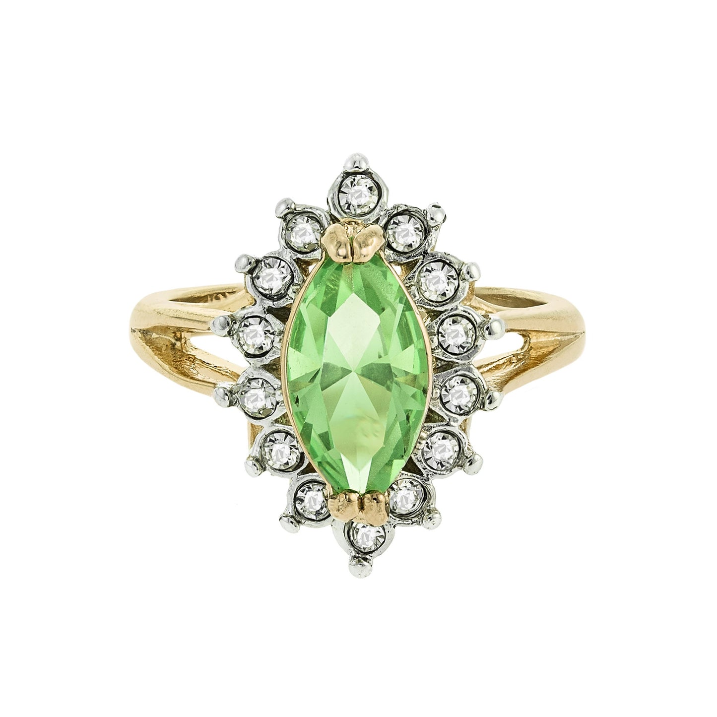 Vintage 1980s Peridot and Clear Austrian Crystal Ring - 18k Yellow Gold Electroplated - August Birthstone - Made in USA jewelry image 1