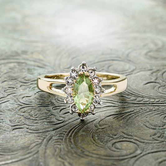 Vintage 1980s Austrian Crystal Peridot & Clear Crystal Halo Ring – 18kt HGE Yellow Gold Electroplated jewelry image 1