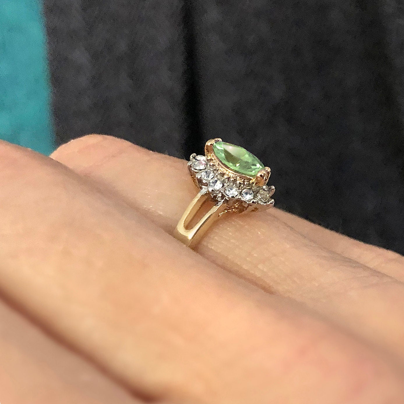 Vintage 1980s Austrian Crystal Peridot & Clear Crystal Halo Ring – 18kt HGE Yellow Gold Electroplated jewelry image 1
