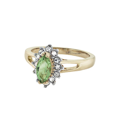Vintage 1980s Austrian Crystal Peridot & Clear Crystal Halo Ring – 18kt HGE Yellow Gold Electroplated jewelry image 1