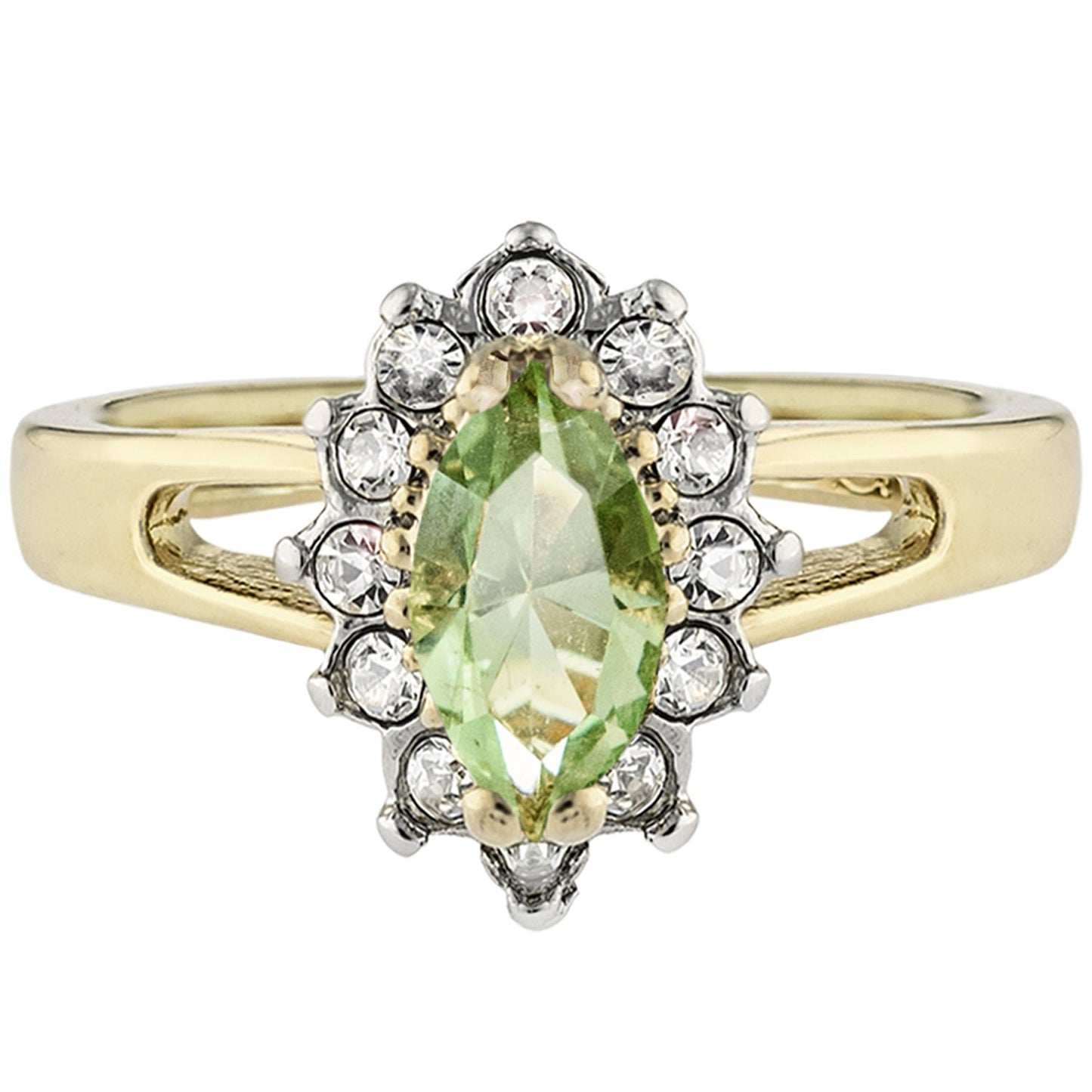 Vintage 1980s Austrian Crystal Peridot & Clear Crystal Halo Ring – 18kt HGE Yellow Gold Electroplated jewelry image 1