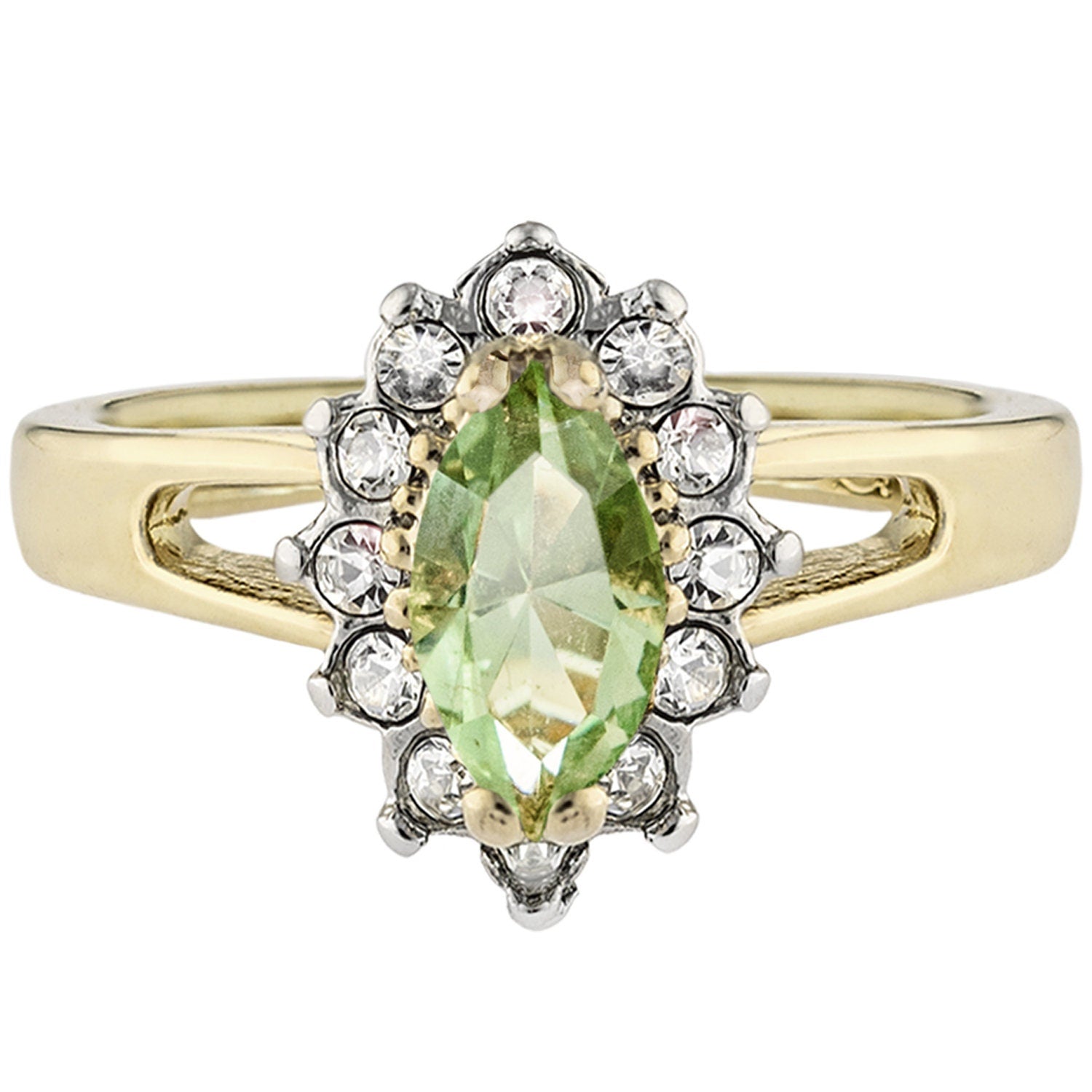 Vintage 1980s Austrian Crystal Peridot & Clear Crystal Halo Ring – 18kt HGE Yellow Gold Electroplated jewelry image 1