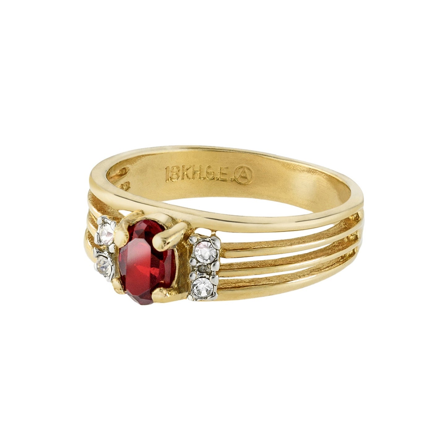Vintage 1980s Ruby and Clear Austrian Crystal 18k Gold Electroplated Band Ring - Made in USA jewelry image 1