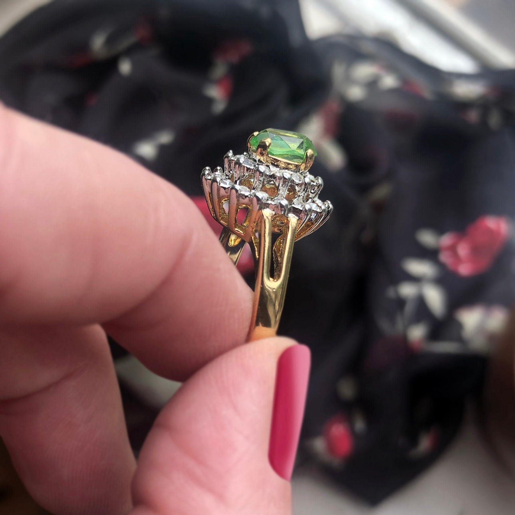 Vintage Peridot and Clear Austrian Crystal Cocktail Ring - 18k Gold Electroplated Two-Tone jewelry image 1