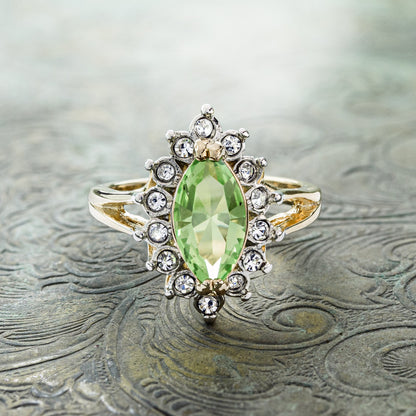 Vintage 1980s Peridot and Clear Austrian Crystal Ring - 18k Yellow Gold Electroplated - August Birthstone - Made in USA jewelry image 1