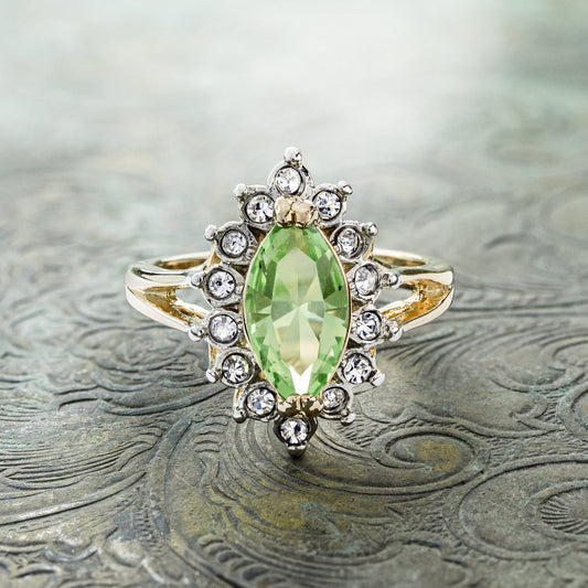 Vintage 1980s Peridot and Clear Austrian Crystal Ring - 18k Yellow Gold Electroplated - August Birthstone - Made in USA jewelry image 1