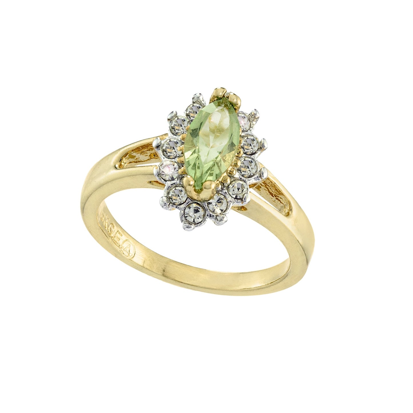Vintage 1980s Austrian Crystal Peridot & Clear Crystal Halo Ring – 18kt HGE Yellow Gold Electroplated jewelry image 1