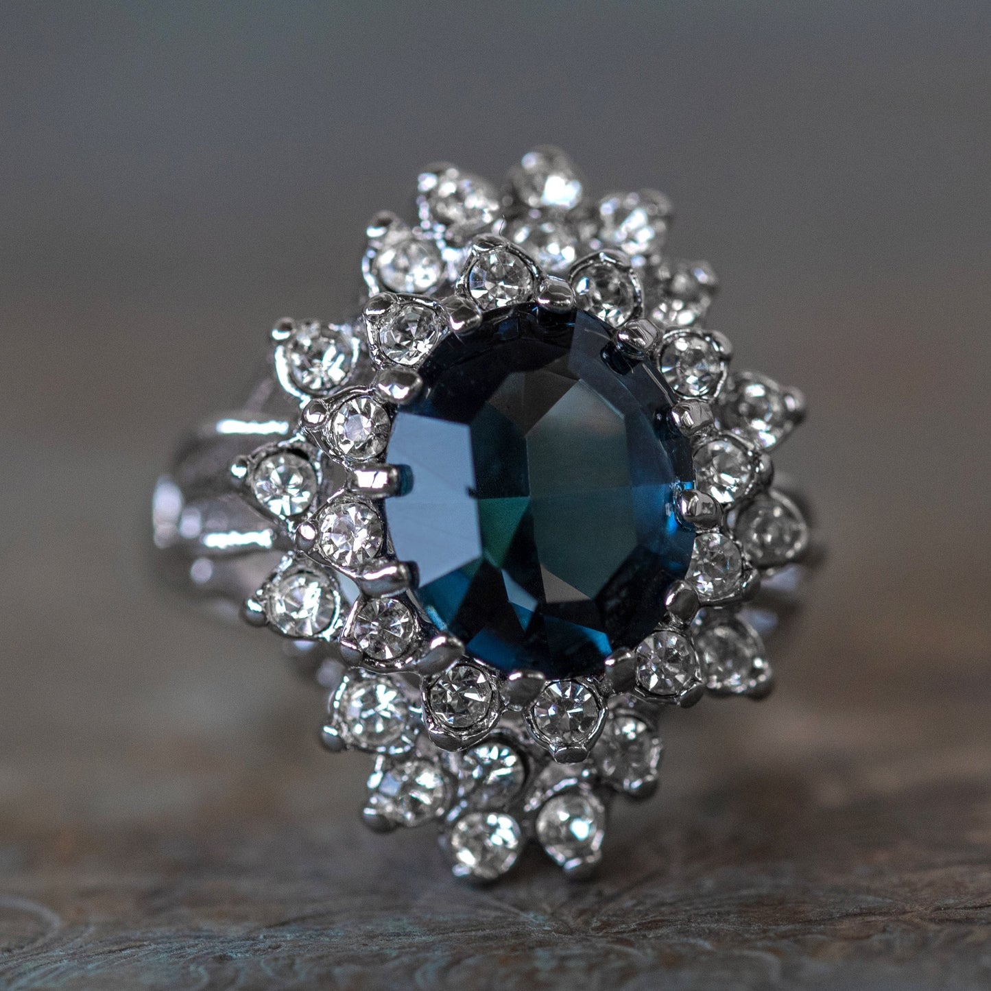 Vintage Austrian Crystal Sapphire Blue Cocktail Ring - 18k White Gold Electroplated jewelry image 1