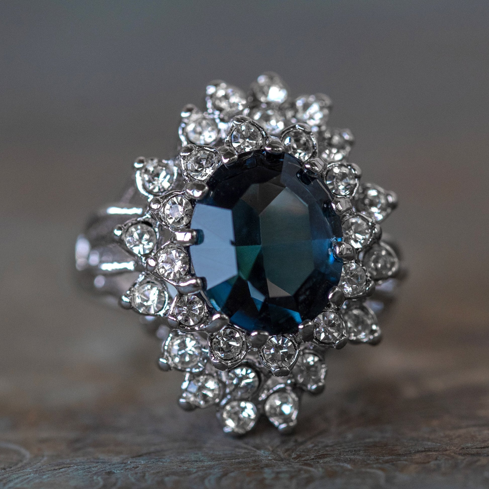 Vintage Austrian Crystal Sapphire Blue Cocktail Ring - 18k White Gold Electroplated jewelry image 1