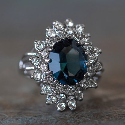 Vintage Austrian Crystal Sapphire Blue Cocktail Ring - 18k White Gold Electroplated jewelry image 1