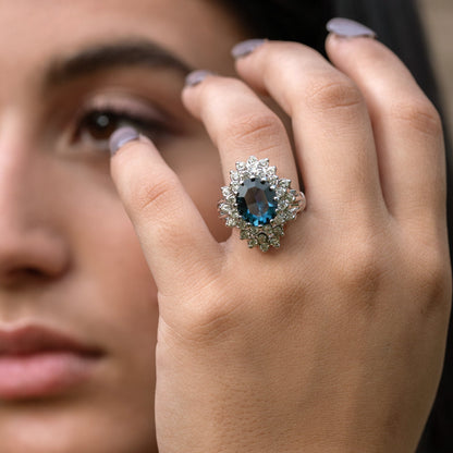 Vintage Austrian Crystal Sapphire Blue Cocktail Ring - 18k White Gold Electroplated jewelry image 1