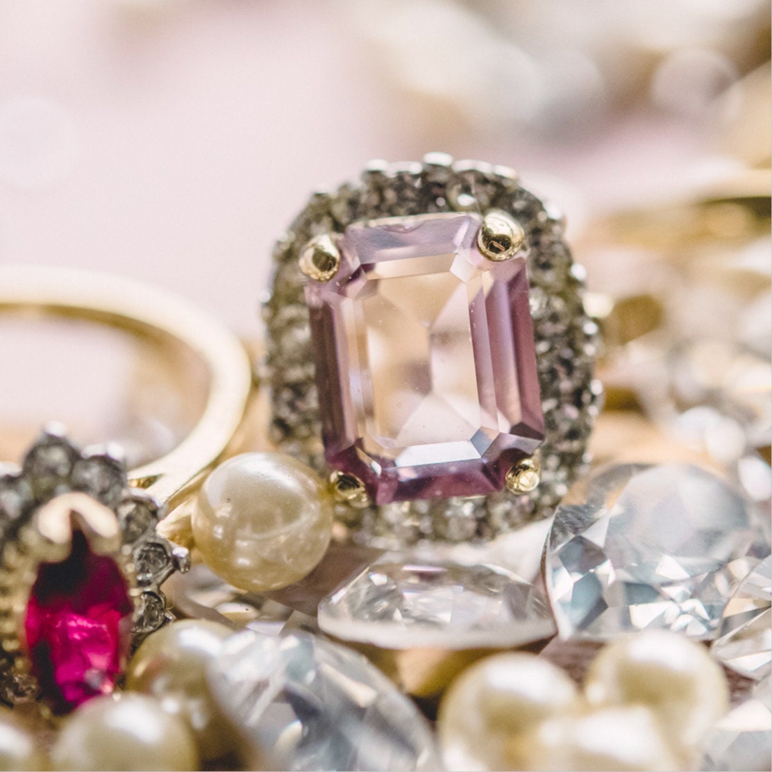Vintage 18kt HGE Light Amethyst CZ Cocktail Ring with Austrian Crystals – Made in USA jewelry image 1